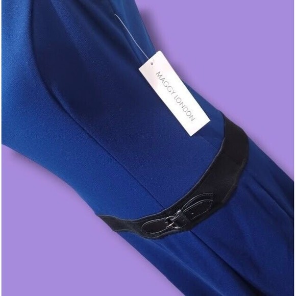 Maggy London Cap Sleeve Womens Size 10 Blue Midi Dress Built-In Black Belt NEW - Picture 3 of 10